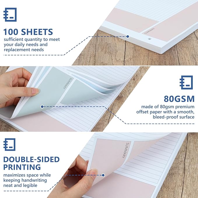 100 Sheet Colored Cornell Notes Loose Leaf Paper 8.5×11 Inch for 3 Ring Binder Letter Size Taking System Filler Paper College Ruled Notebook Paper Bulk for School Office Business Home 80gsm
