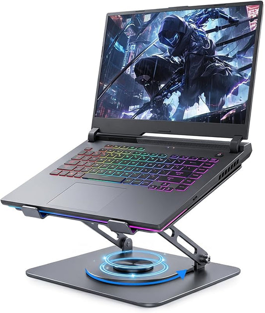 Leeboom Adjustable Laptop Stand for Desk, Ergonomic Height Adjustable Riser, 360° Rotating & Foldable, Ventilated Cooling, Fits Up to 17.3” Laptops (Including Gaming Laptops), Dark Silver