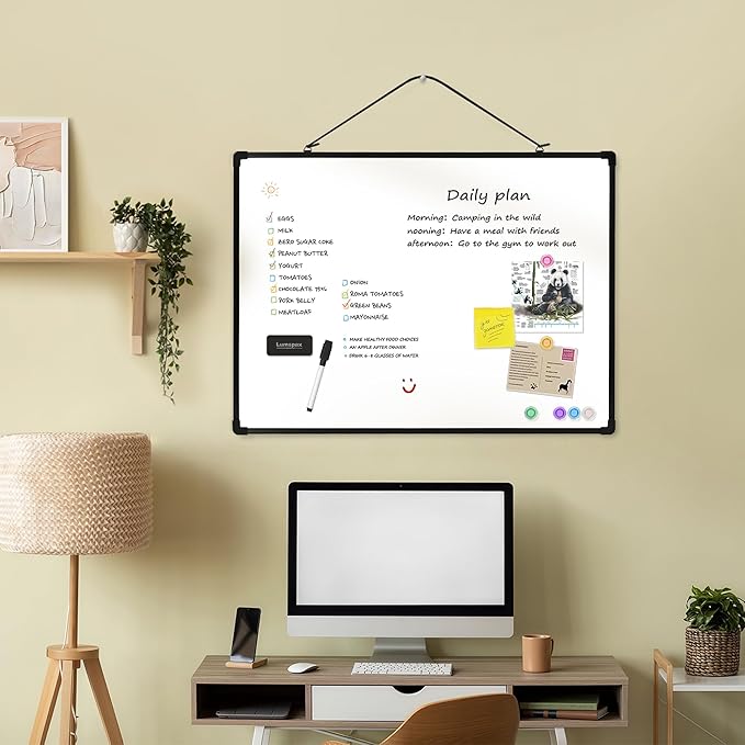 Dry Erase Board for Wall, 24" x 18" Double-Sided Hanging Magnetic Whiteboard with 6 Markers, 6 Magnets and 3 Mini Sticky Notes, Presentation Board for School, Home, Office, Black Frame