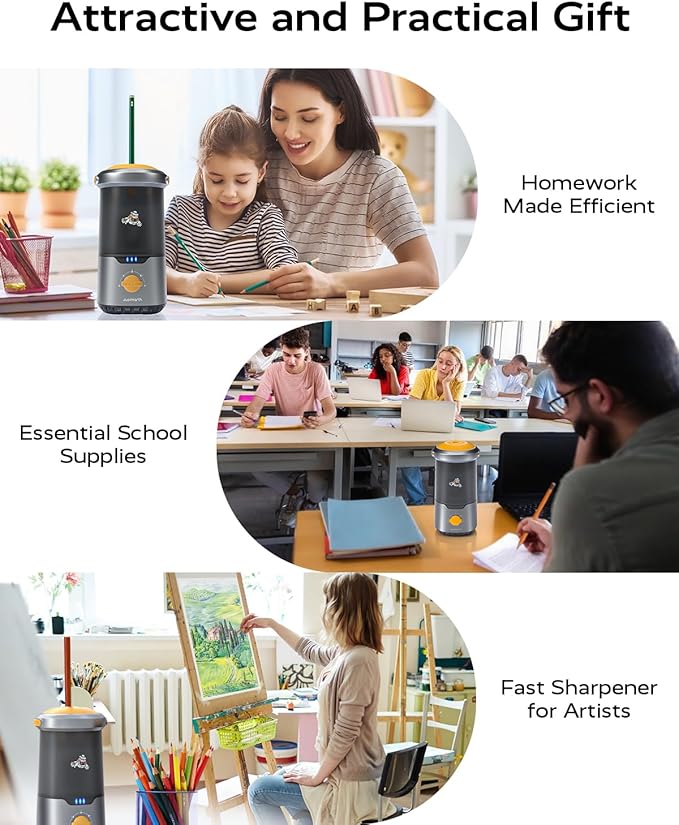 JUPITEARTH Electric Pencil Sharpener for Kids, Hands-Free, Rechargeable, Auto in & Out Spaceship Fully Automatic Pencil Sharpener Fits 6.9-11mm Colored/No.2 Pencils for Classroom Home Office (Black)