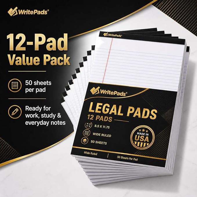 Legal Pads 8.5 x 11.75 Inch Wide Ruled Writing Pads, 12 Pack Note Pads - White Perforated Paper with Hard Back, 50 Sheets Per Pad, No Bleed Paper Notepad for Office, School, Business MADE IN USA