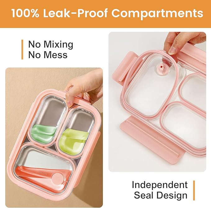 Premium 25oz SUS316L Stainless Steel Lunch Box Bento Box - Reusable Metal Snack Containers with Lids for Kids & Adults - Daycare/School/Work/Travel - Superior Corrosion-resistant (Pink)