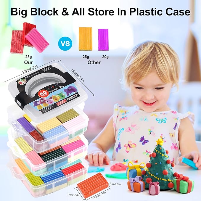 CiaraQ Polymer Clay 60 Colors Starter Kit - Oven Bake Modeling Clay for Kids & Artists, Non-Sticky DIY Clay with Sculpting Tools, Fun Gift for Children Ages 4+, 4.7 lb
