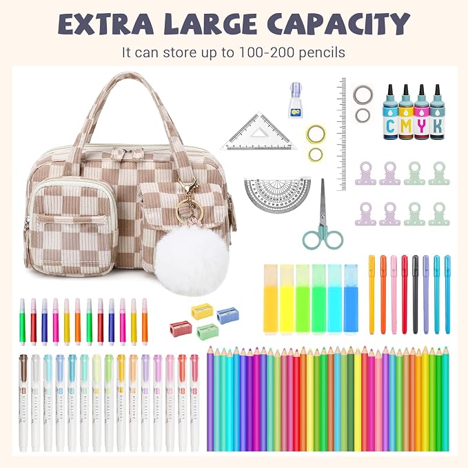 Pencil Case Corduroy Multiple Compartments Pouch Bag for Girl, Khaki