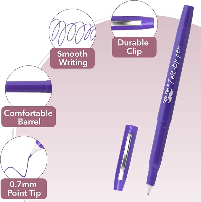 Mr. Pen- Felt Tip Pens, 36 Pack, 0.7 mm, Purple Felt Tip Pens Bulk, Fast Dry, No Smear, Planner Markers for Underlining, Writing, Drawing, Journaling Supplies