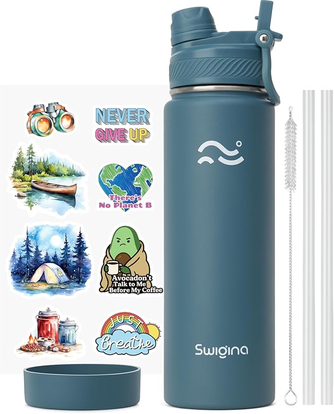 Swigina [2-IN-1 LID] Insulated Water Bottle with Silicone Boot (36hrs Cold/18hrs Hot) - DIY Stickers, Leakproof, BPA Free, 24 oz