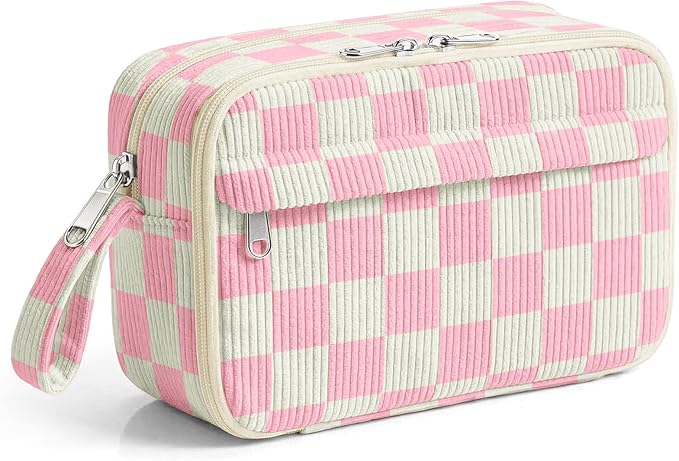 Large Pencil Pouch for Girls,Cute Corduroy Pencil Case Pouch Aesthetic Soft Pencil Bag for School, Zippered Pencil Organizer School Supplies for Teen Girls Women Gift (Pink Check)