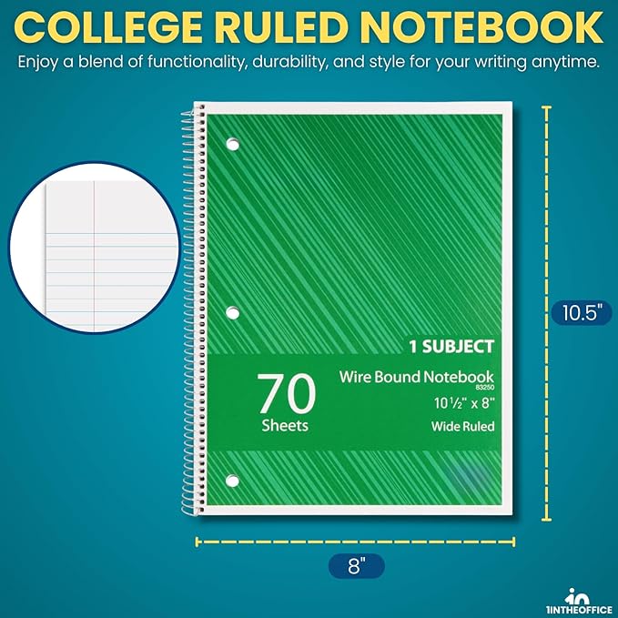 1InTheOffice Spiral Notebook College Ruled 10.5 x 7.5, 1-Subject College Ruled Notebooks, Wirebound Spiral Notebooks, 3-Hole Punched, 70 Sheets, Assorted Colors, 8 Pack