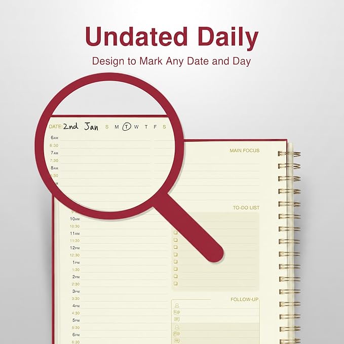 AuroPlanner Undated Daily Planner To Do List Hourly Schedule 2028 2027 2026 Calendar & Holiday Habit Tracker 180 Pages Letter Size 8.5" x 11" Sheets Hardcover Spiral Bound Notebook (Red)