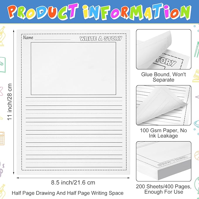 200 Sheets Writing Beginner Paper for Kids Create Story, 8.5"x11" Handwriting Paper Bulk with Picture Space and Lines DIY Craft Writing Kit for Kids Journal Activity, Back to School Gifts
