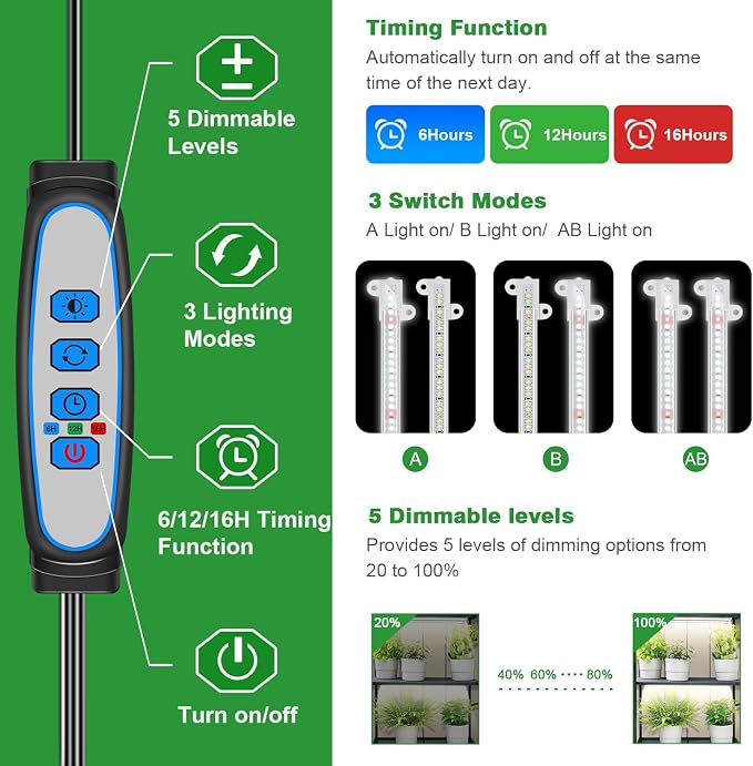 Wiaxulay 16in Plant Lights for Indoor Growing, 6000K Full Spectrum 2 Bars | 1 Pack, 120 LEDs Grow Light with Auto Timer 6/12/16Hrs, 5 Brightness, 3 Switch Modes for Seed Starting, Succulent
