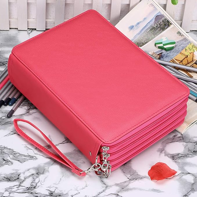 BTSKY 200 Slots Colored Pencil Organizer - Deluxe PU Leather Pencil Case Holder With Removal Handle Strap Pencil Box Large for Colored Pencils Watercolor Pencils (Pink)