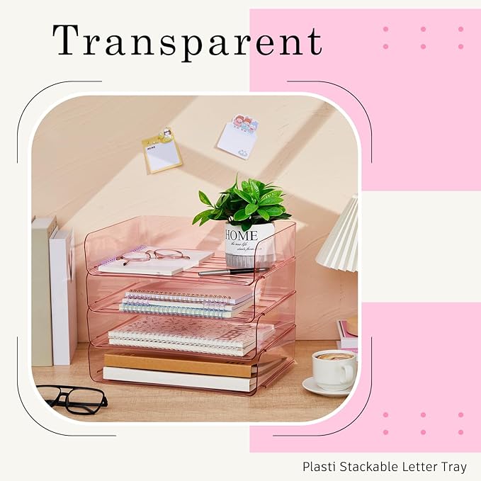 Harloon 4 Tier Pink Acrylic Paper Organizer 13 x 9.8 x 3 Inches Letter Tray Desk File Organizer Stackable Documents Clear Letter Paper Holder Office Tray for A4, Office Home File Desktop Storage