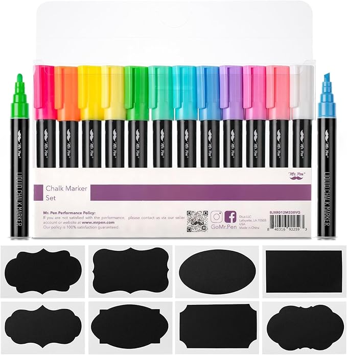 Mr. Pen Chalk Markers - 12 Pack Assorted Colors, 8 Labels, Liquid Chalk Pens for Chalkboard & Glass, Erasable