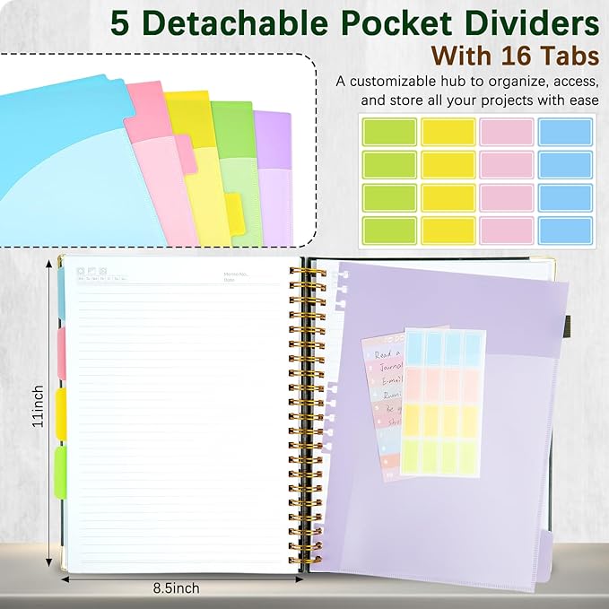 Hardcover Spiral Notebooks for Work 8.5''x 11'', 300 Pages 5 Subject Notebook with Dividers & Tabs, A4 Spiral Journal for Women, College Ruled Notebooks for School Note-Taking (Green)