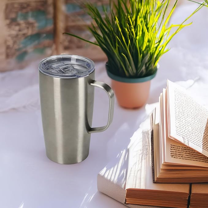 MEBRUDY 19oz Insulated Coffee Mug with Lid, Leak Proof Double Wall Vacuum Travel Coffee Mug with Handle, Silver