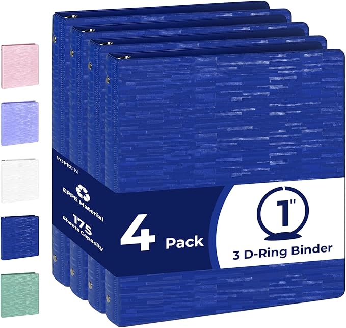 POPRUN 3 Ring Binder 1 Inch, PVC-Free, Holds 175 Sheets of 8.5 x 11 Paper, Extra Durable Organizer with 2 Pockets for School & Office, Heavy-Duty, 4 Pack, Prussian Blue
