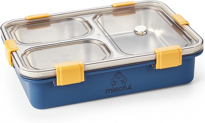 Bento Lunch Box for Kids Age 8+, Teens, Adults - 1000ml Stainless Steel School Lunchbox, 3 Compartments, Non-Microwavable, Compact BPA-Free Food Container for School Lunches, Snacks, Travel - Blue