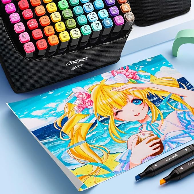 CREATSPARK Alcohol Markers 80 Colors with Base Dual Tip Art Drawing Markers for Anime Sketch Illustrations - Refillable