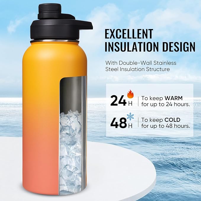 Fijinhom 32 oz Insulated Water Bottle with Handle, 304 Stainless Steel Water Bottles with Wide Mouth, Double Wall Vacuum Sports Water Bottle, BPA Free, Keep Cold and Hot, Yellow&Orange
