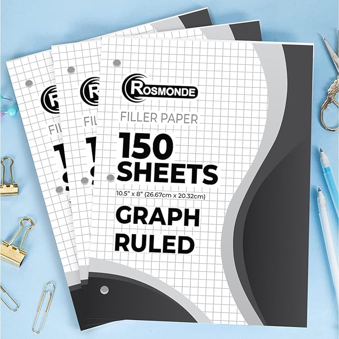 Rosmonde 45 Pack, 6750 Sheets Graph Paper Bulk, 4x4, 8" x 10.5", Bulk Loose Leaf Paper, Bulk Grid Paper, Thick Graphing Paper, Fights Ink Bleed, 3 Hole Punched, Quad Ruled Sheets, Bulk School Supplies