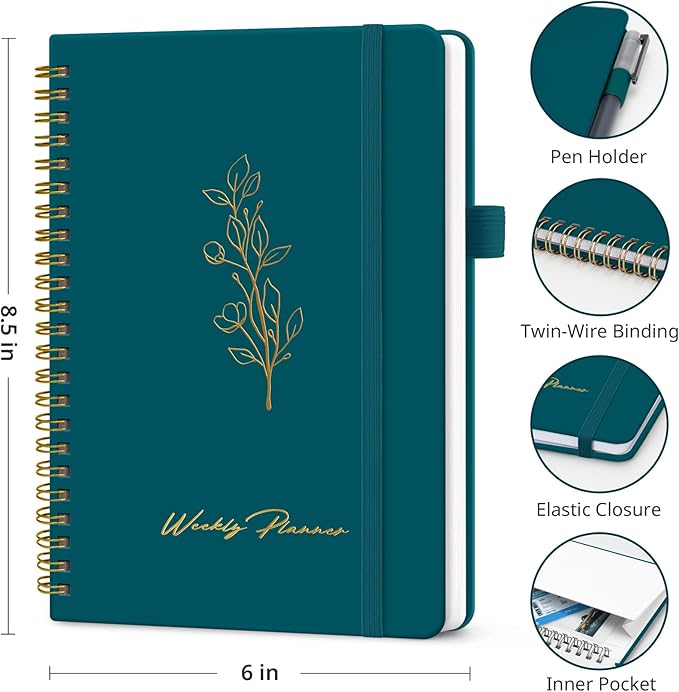 Taja Undated Weekly Planner, Weekly To Do List Notebook with Goal & Habit Tracker Organizer, A5 Weekly Planner Notebook with Spiral Binding, 6.1" x 8.2" - Pine Emerald