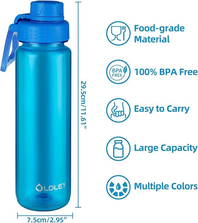 OLDLEY 32 oz Water Bottle, Sports Tritan Water Bottle with Carry Handle and Spout Lid, Leakproof & BPA Free Large Water Bottles for Home,Travel, School, Outdoors, Gym,Blue