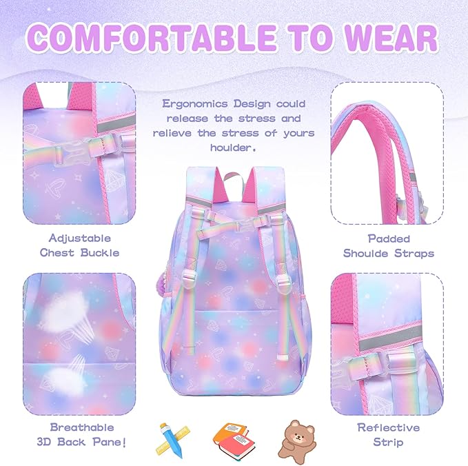 Alrisg Girls Backpack for Kids Elementary Middle School Cute Student Bookbag School Bag Purple Set