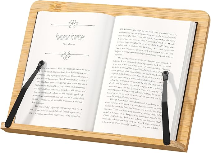 Bamboo Book Stand, Adjustable Reading Holder with Page Clips, Portable Lightweight Desk Stand for Textbooks, Cookbooks (Small)