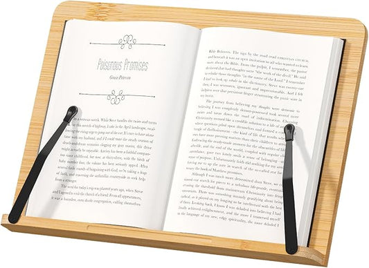 Bamboo Book Stand, Adjustable Reading Holder with Page Clips, Portable Lightweight Desk Stand for Textbooks, Cookbooks (Small)