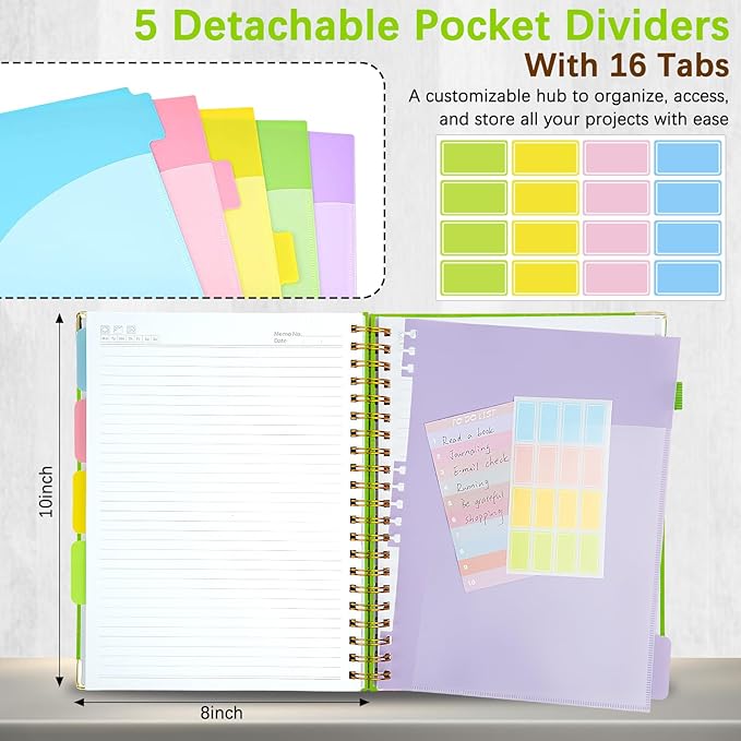 Hardcover Spiral Notebooks for Work 8''x 10'', 300 Pages 5 Subject Notebook with Dividers & Tabs, B5 Spiral Journal for Women, College Ruled Notebooks for School Note-Taking (Avocado Green)