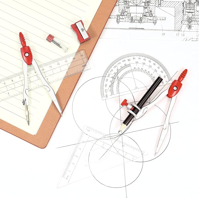 Unjoo Math Geometry Kit Sets 10 Piece Student Supplies with Shatterproof Storage Box,Includes Rulers,Protractor,Compass,Eraser,Pencil Sharpener,Lead Refills,Pencil,for Drafting and Drawings（Red）