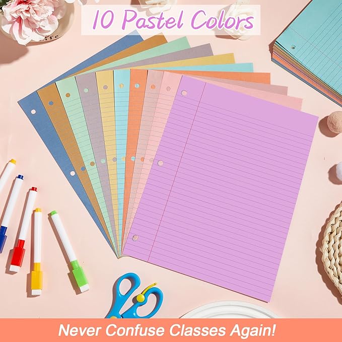 gisgfim 100 Sheets Loose Leaf Binder Paper, 8" x 10.5" Colored College Ruled Paper, 3 Hole Punched Lined Refill Inserts Thicken for 3-Ring Binders Notebooks Planner Writing School Office (Sweet Color)