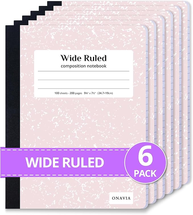 ONAVIA Composition Notebook Wide Ruled 6 Pack, 200 Pages (100 Sheets), 9-3/4 x 7-1/2, Marble Composition Books Bulk, Notebooks for School, Work, Office, Durable Comp Book, School Supplies, Pink