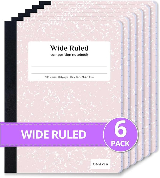 ONAVIA Composition Notebook Wide Ruled 6 Pack, 200 Pages (100 Sheets), 9-3/4 x 7-1/2, Marble Composition Books Bulk, Notebooks for School, Work, Office, Durable Comp Book, School Supplies, Pink