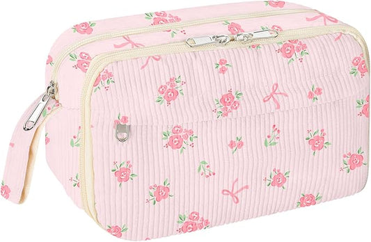 Large Pencil Pouch for Girls,Cute Corduroy Pencil Case Pouch Aesthetic Soft Pencil Bag for School, Zippered Pencil Organizer School Supplies for Teen Girls Women Gift (Pink Bow Floral)
