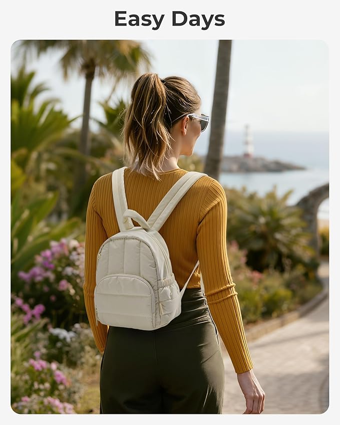 BAGSMART Mini Backpack for Women, Lightweight Puffer Small Backpack Purse, Quilted Casual Travel Daypack, Cute Water-Resistant Bookbag for Daily, Beige