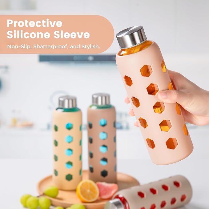 Mrsdry 18 oz Glass Water Bottles with Lids & Silicone Sleeves, 4-Pack | BPA Free, Leak-Proof Reusable Glass Drinking Bottles with Stainless Steel Airtight Cap for Juicing, Dishwasher Safe, Non-Slip