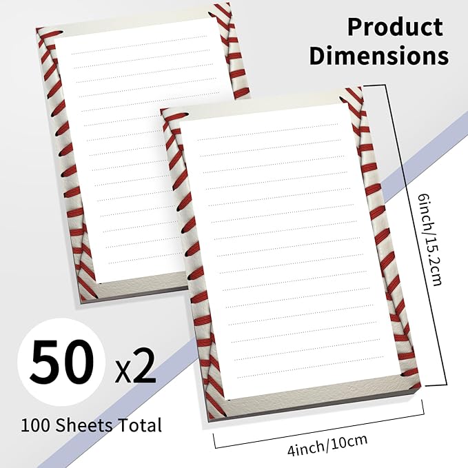 2 Pack Lined Sticky Notes 4x6 in, Cute Self-Stick Notepads with Lines, Large Memo Pads Strong Adhesive for Office, Home Cute Baseball Pattern