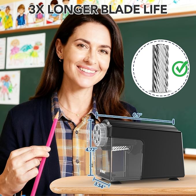 AFMAT Electric Pencil Sharpener for Classroom, 6 Holes, Cordless & Rechargeable, Super Fast, Auto Stop, 10K+ Uses, Heavy Duty Pencil Sharpener for 6-11mm No.2/Large/Colored Pencils PSD4(Black)
