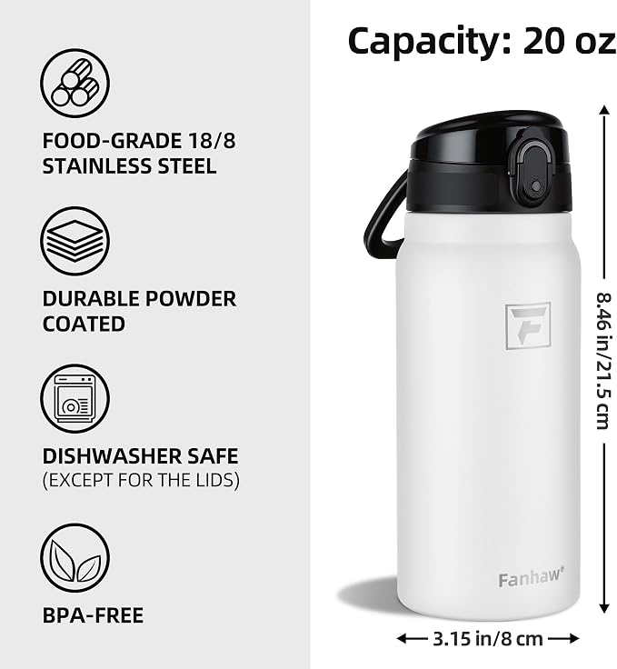 Fanhaw 20 Oz Insulated Stainless Steel Water Bottle with Chug Lid – Wide Mouth, Leak-Proof, BPA-Free – Ideal for Kids, Adults, Sports, Gym, and Outdoor Use (White)