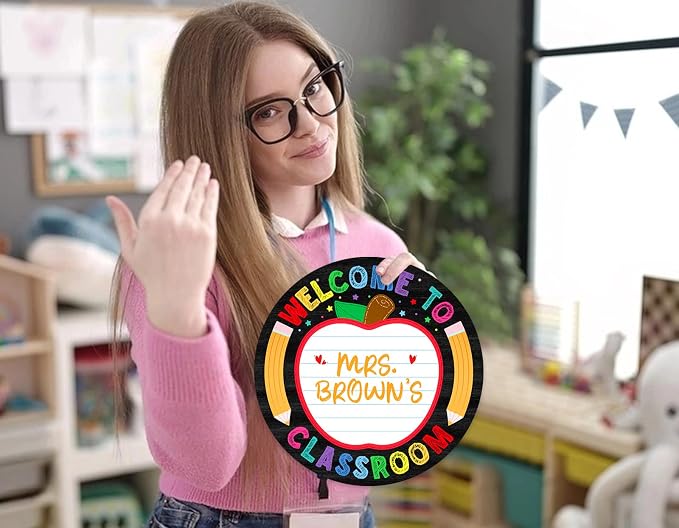 WaaHome Teacher Door Sign Personalized Teacher Name Sign for Classroom 11.3" Welcome Signs for Classroom Decorations, Back to School Classroom Door Hanger for Elementary Teachers Supplies