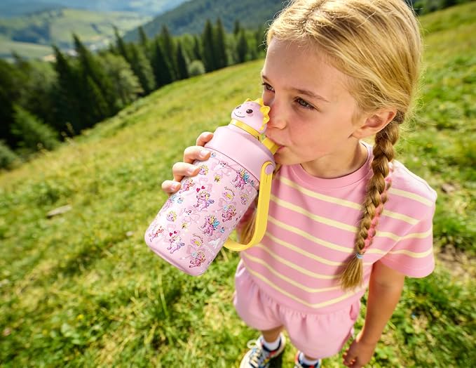 POWCAN 12 oz Kids Water Bottle: 2-in-1 Straw Spout Lid with Soft Animal Head, Leakproof, Backpack Friendly, Keep Cold 24H, Cute Patterns, Insulated Cup for School, Playtime, Trip, Gift (Lovely Trike)