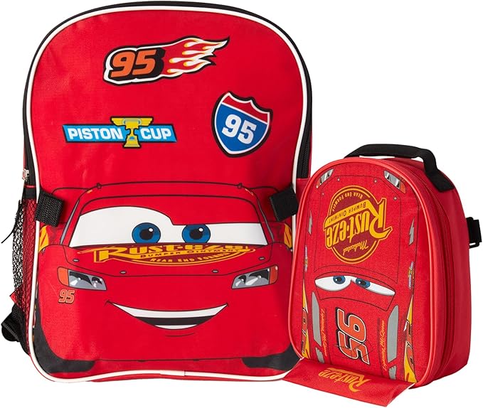 Fast Forward Cars Lightning McQueen Boys Backpack and Lunch Box Set - 14" Backpack with Lunch Box for Preschool Kindergarten, Cars Red