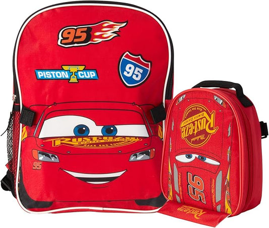 Fast Forward Cars Lightning McQueen Boys Backpack and Lunch Box Set - 14" Backpack with Lunch Box for Preschool Kindergarten, Cars Red