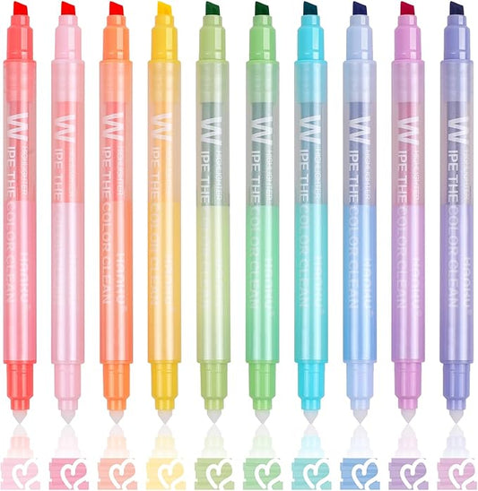 Erasable Highlighters Pastel Colors, 10 Colors Muted Dual Tip Markers, No Bleed Aesthetic Highlighters for Bible, Journaling, School Office Supplies, Double Ended Fine & Chisel Tip, Smooth Dry Fast