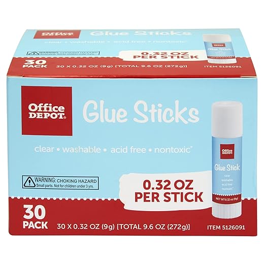Office Depot® Brand Glue Sticks, 0.32 Oz, Clear, Pack of 30 Glue Sticks