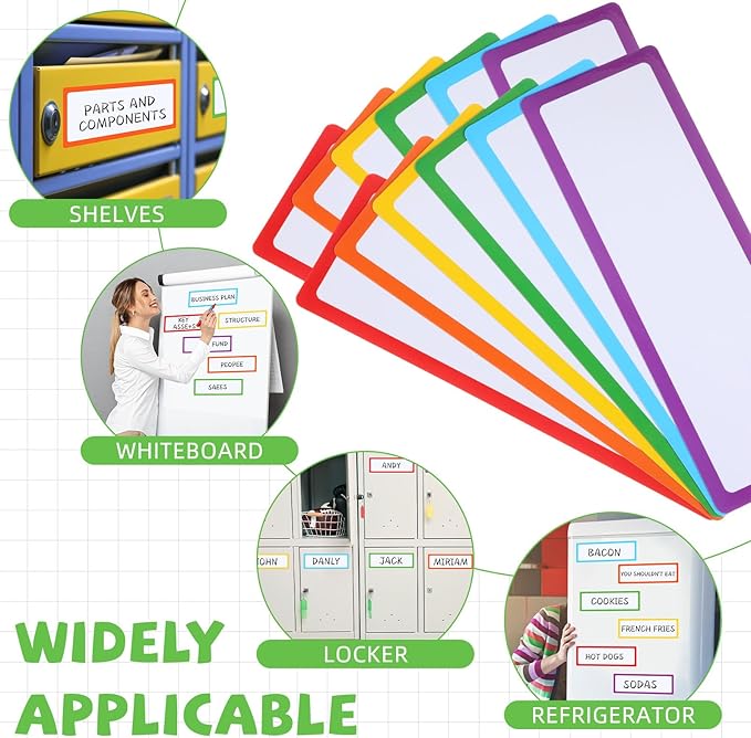 12 Pcs Large Magnetic Dry Erase Labels for Classroom, 12 x 4 Inch Rectangle Magnetic Name Plates Label Flexible Magnet Stickers for Whiteboards Refrigerator(White Background+Border,Style 2)