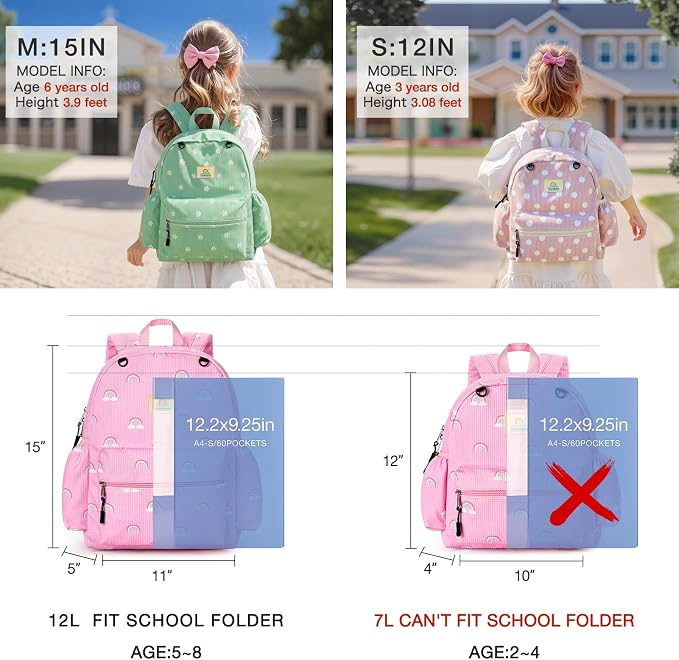 STEAMEDBUN Corduroy Kids Backpack for Girls 5-8: Girls Backpack for Elementary Kindergarten - 15 inch Cute Backpacks for Kids - Rainbow