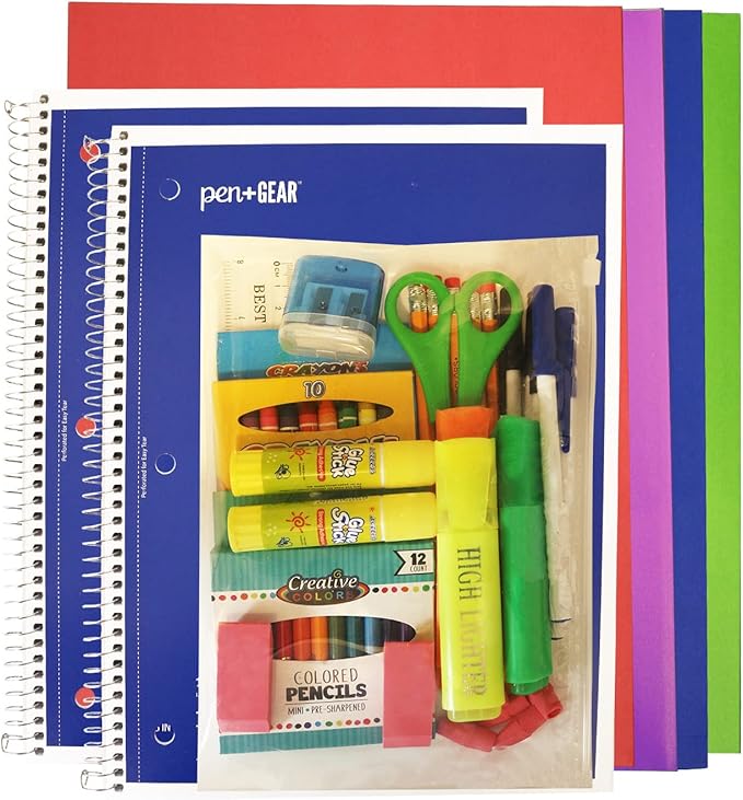 Moda West 52 Piece Bulk School Supplies Kits - Pens, Pencils, Crayons, and More - Value Pack of 12 Kits - Essential Box of School Supplies for Elementary, Middle, and High School Students